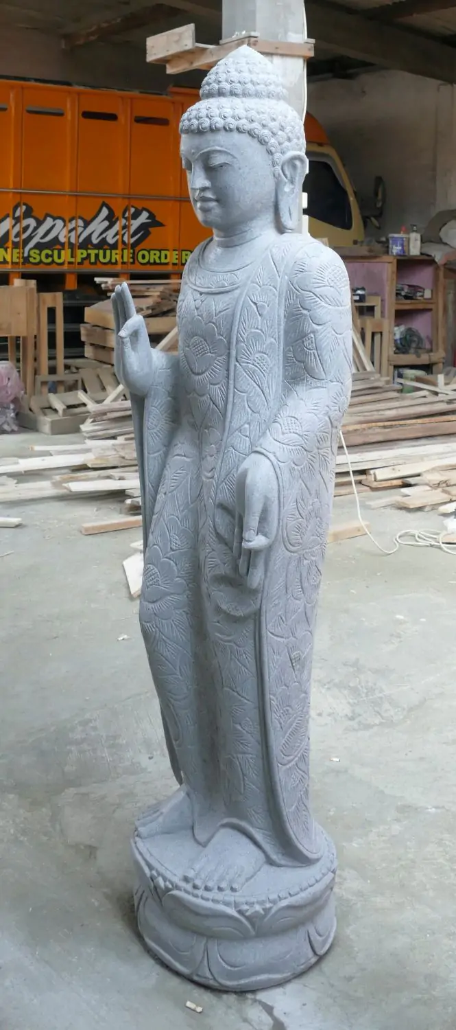  Product image 4 of the product “Standing Buddha with floral carving, Abudaya position. 51 x 33 x 175cm. Natural stone (river stone), stonemasonry ”